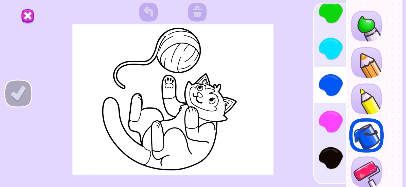 Drawing game with an empty canvas, the bucket tool selected with a blue ring, and the Submit, Undo and Clear buttons disabled