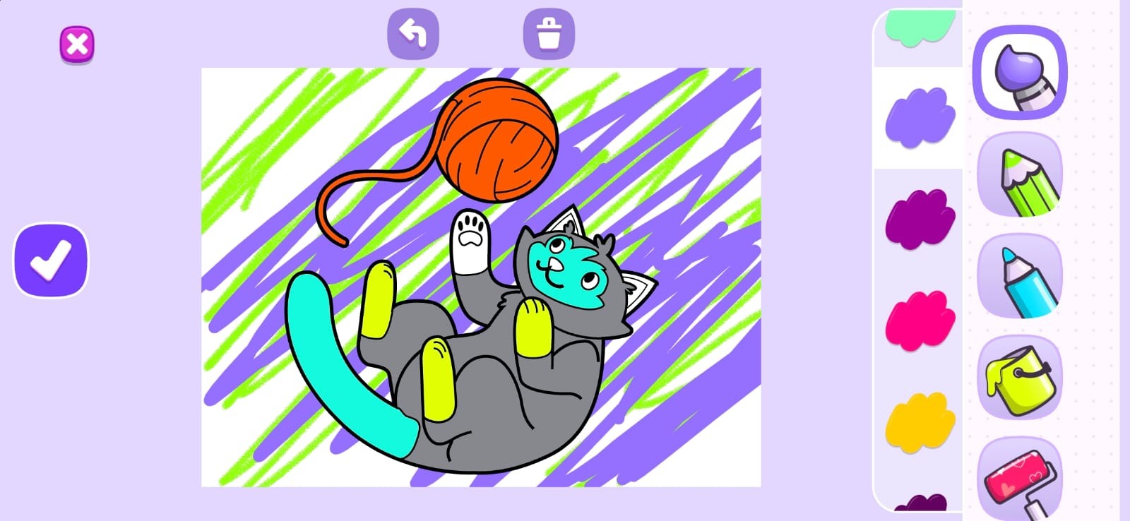 Drawing game screen with a colored cat and yarn ball, a palette of colors and a column of drawing tools on the right, and an active Submit button on the left