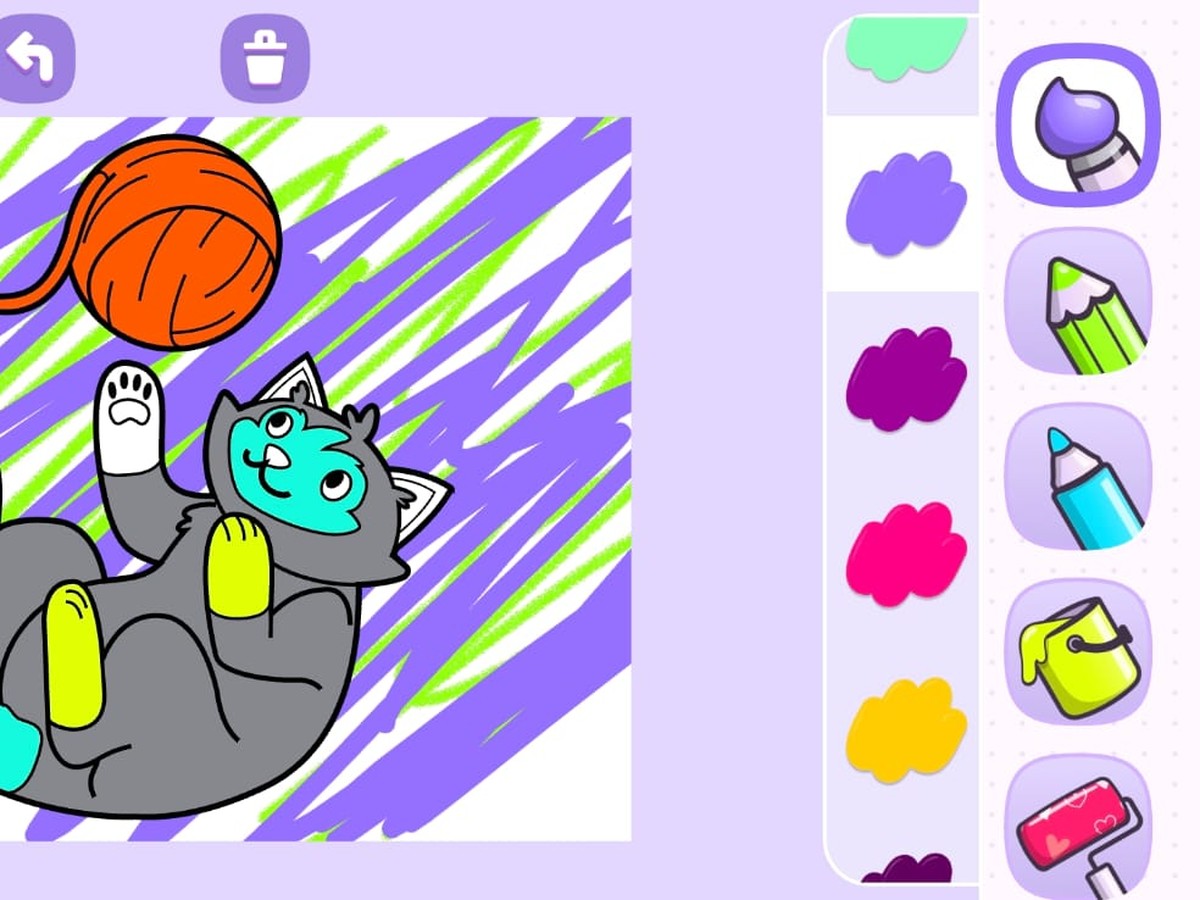 Drawing game screen with a colored cat and yarn ball, a palette of colors and a column of drawing tools