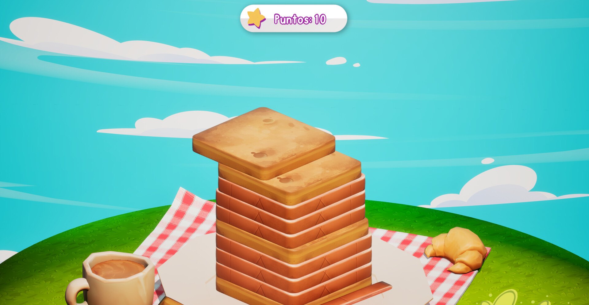 Gameplay: a tall stack of ingredients on a picnic plate, with a cup of coffee and a croissant on a green hill under a blue sky, and the score at the top