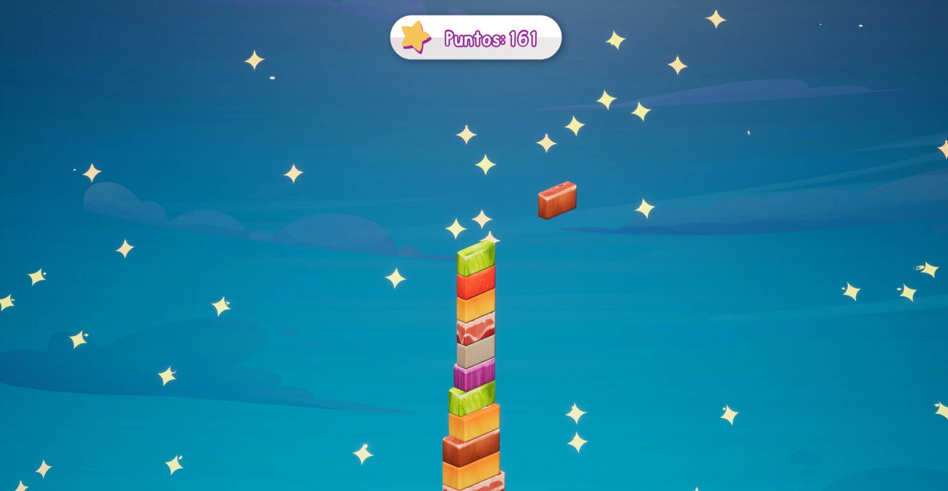 Gameplay at night: a tall stack of colorful ingredients under a starry blue sky, with one more ingredient about to drop
