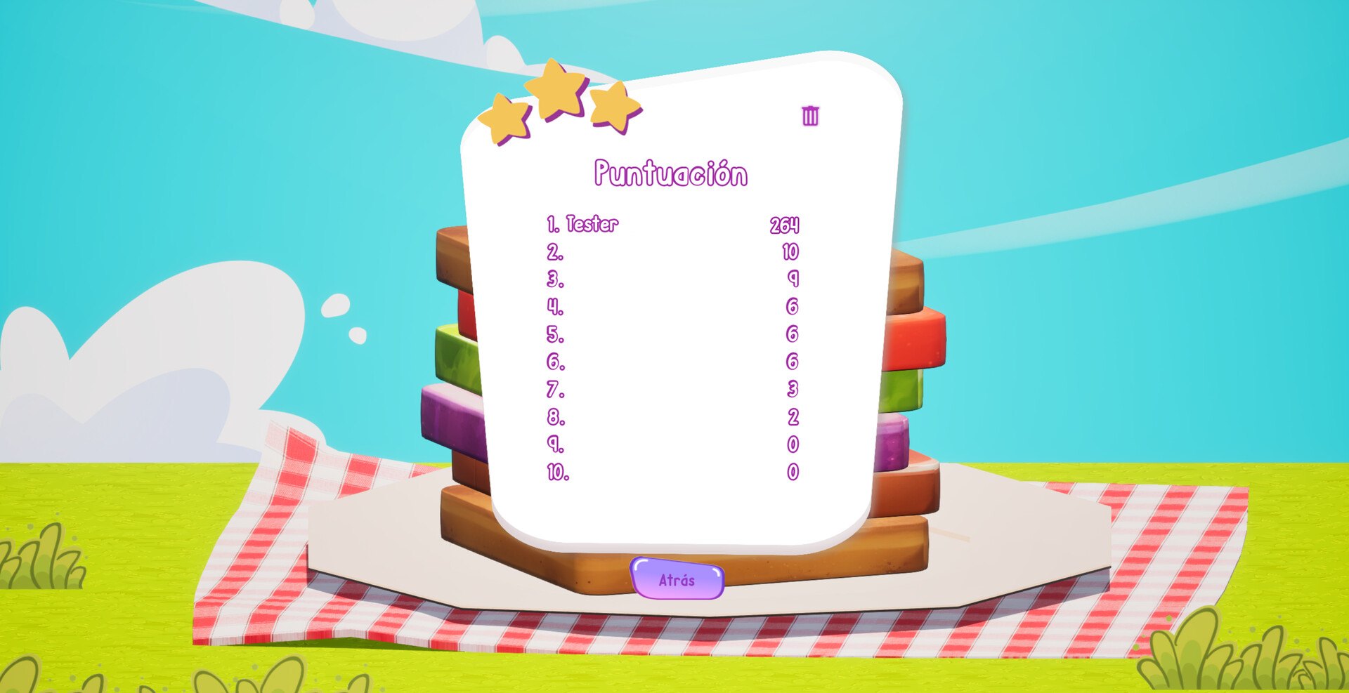 Scoreboard screen listing the top ten scores over the ingredient stack and picnic blanket