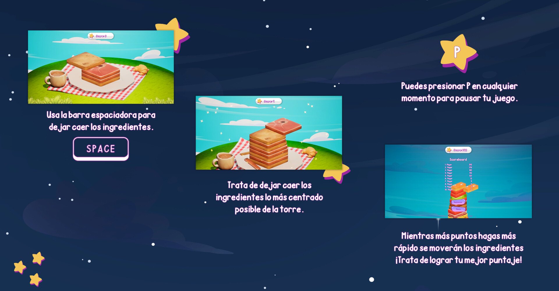 How-to-play screen in Spanish: drop ingredients with the space bar, keep them centered, the game speeds up with the score, and press P to pause