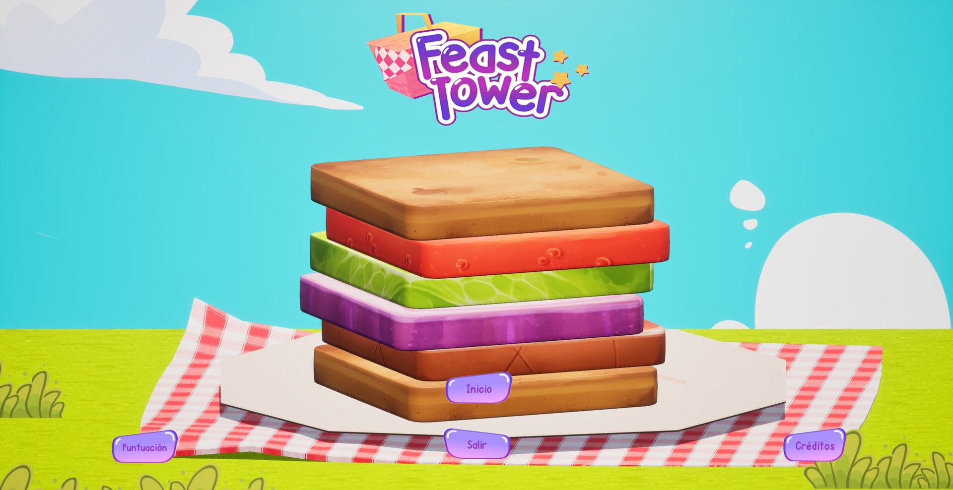 Feast Tower main menu: a tall stack of colorful sandwich ingredients on a picnic plate over a checkered blanket, with the game logo above