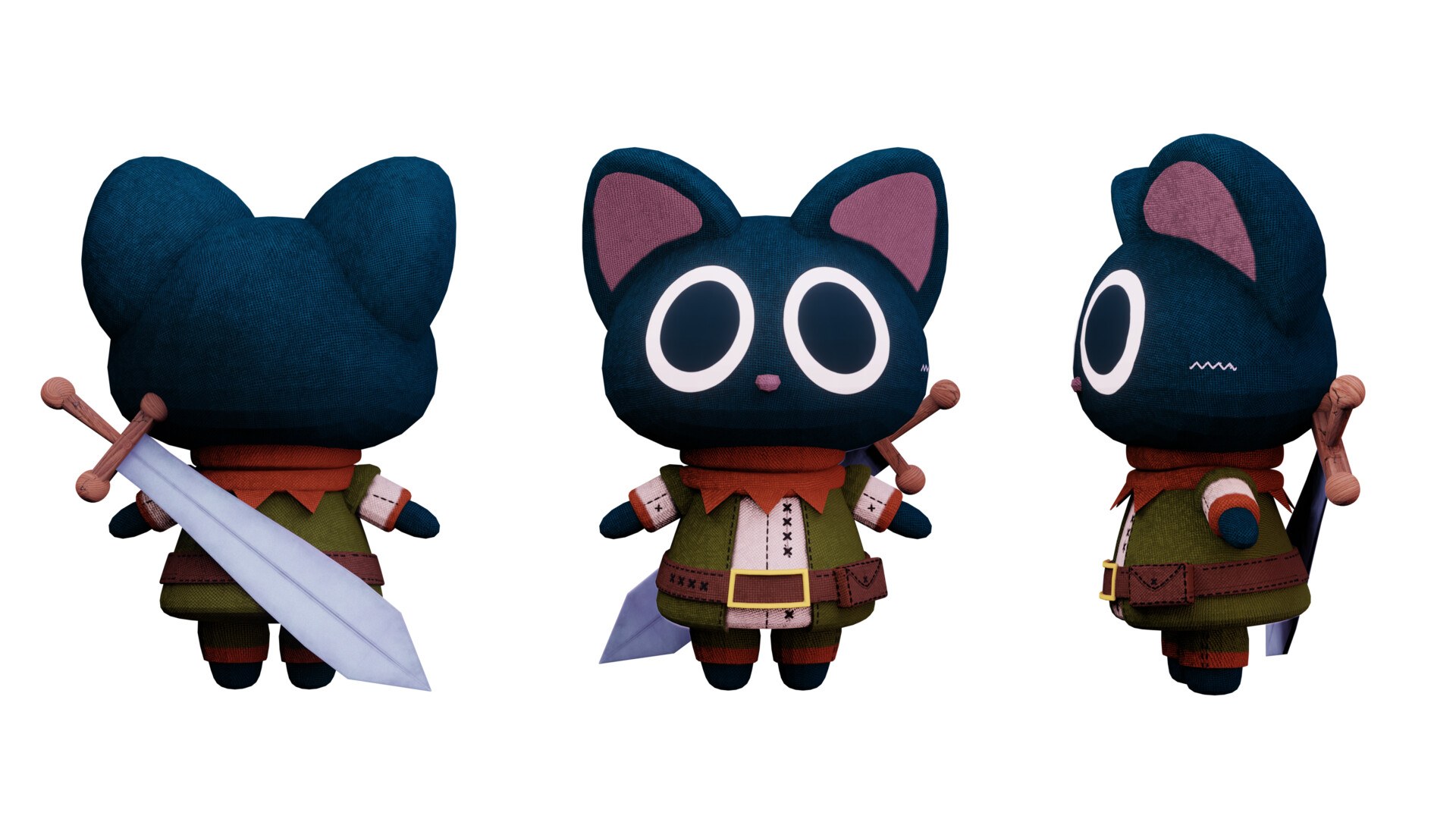 Back, front and side views of the black cat character on a white background