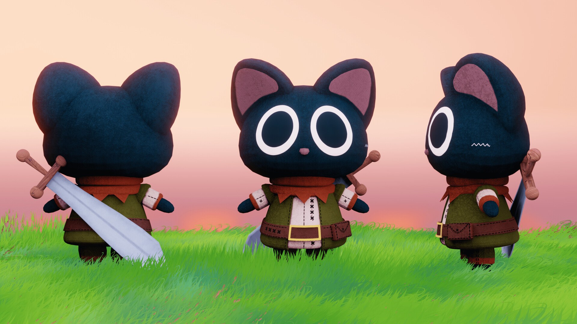 Three views of a plush black cat in a green adventurer tunic with a sword on its back, standing in grass at sunset