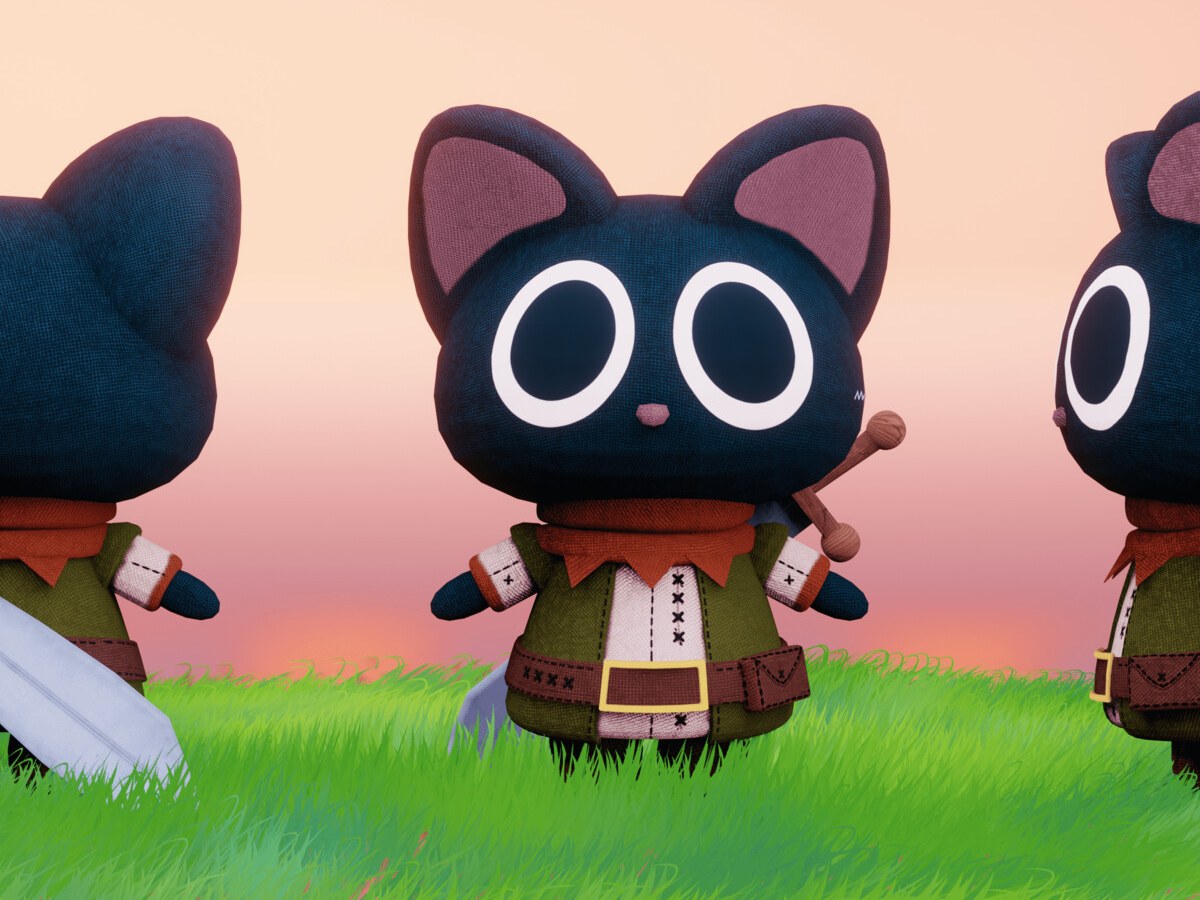 Three views of a plush black cat in a green adventurer tunic with a sword on its back, standing in grass at sunset