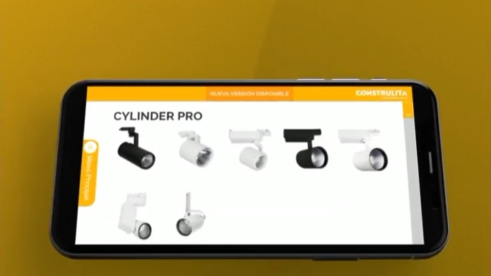 Phone screen showing the Cylinder Pro family with seven luminaire variants