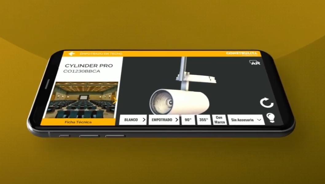 A phone showing the Construlita catalog app with a 3D luminaire, its options and a technical sheet button