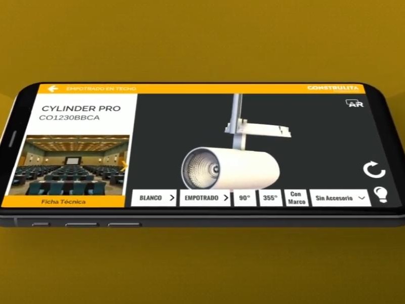 A phone showing the Construlita catalog app with a 3D luminaire, its options and a technical sheet button