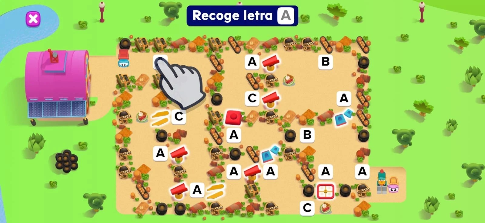 Letter-collecting maze game with the prompt "Recoge letra A" and a tutorial hand pointing at the first letter tile