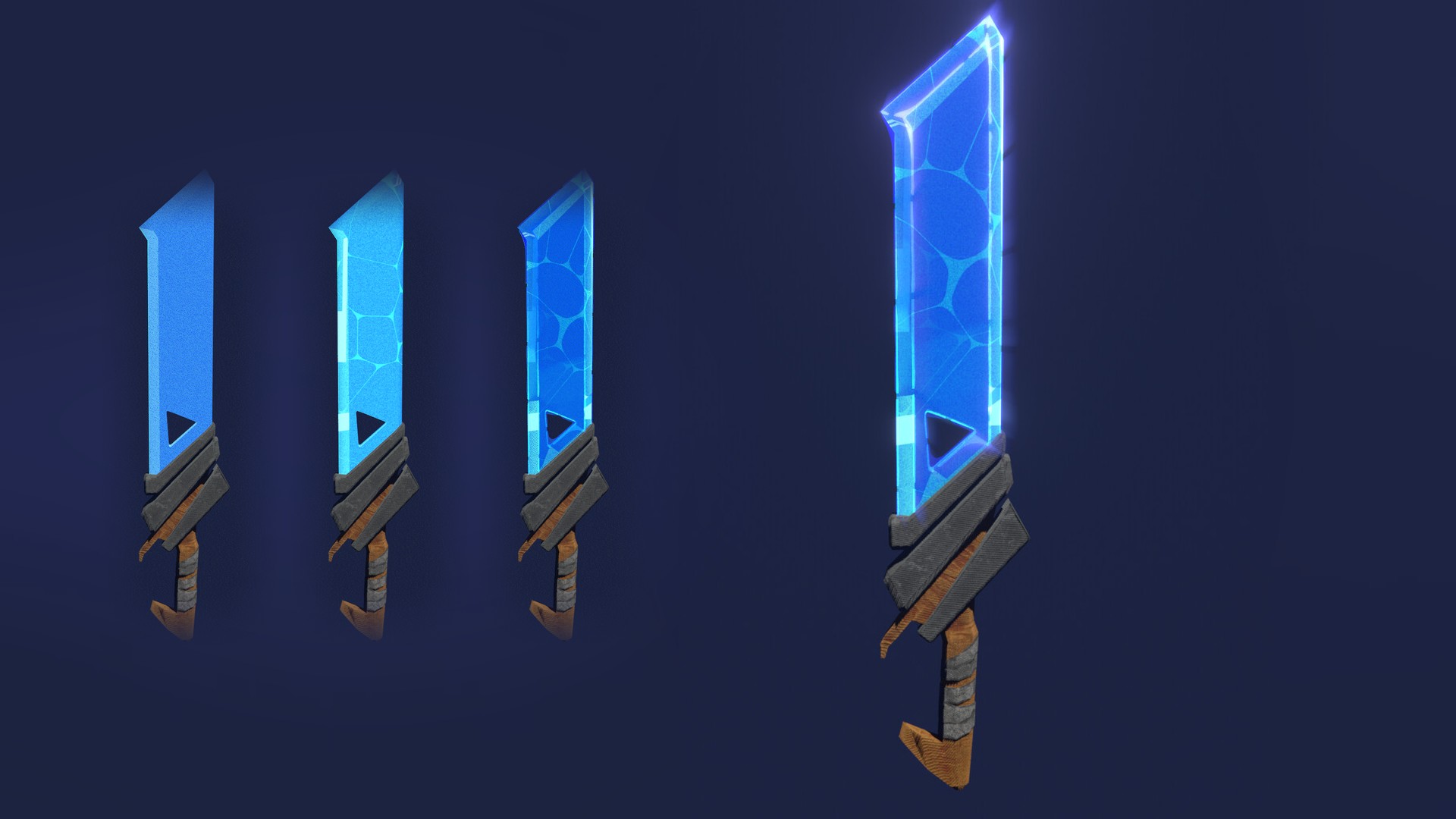 A glowing crystal sword next to three earlier stages of its shader, from a flat blue blade to the final crystal