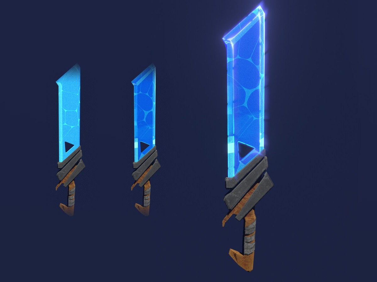 A glowing crystal sword next to two earlier stages of its shader