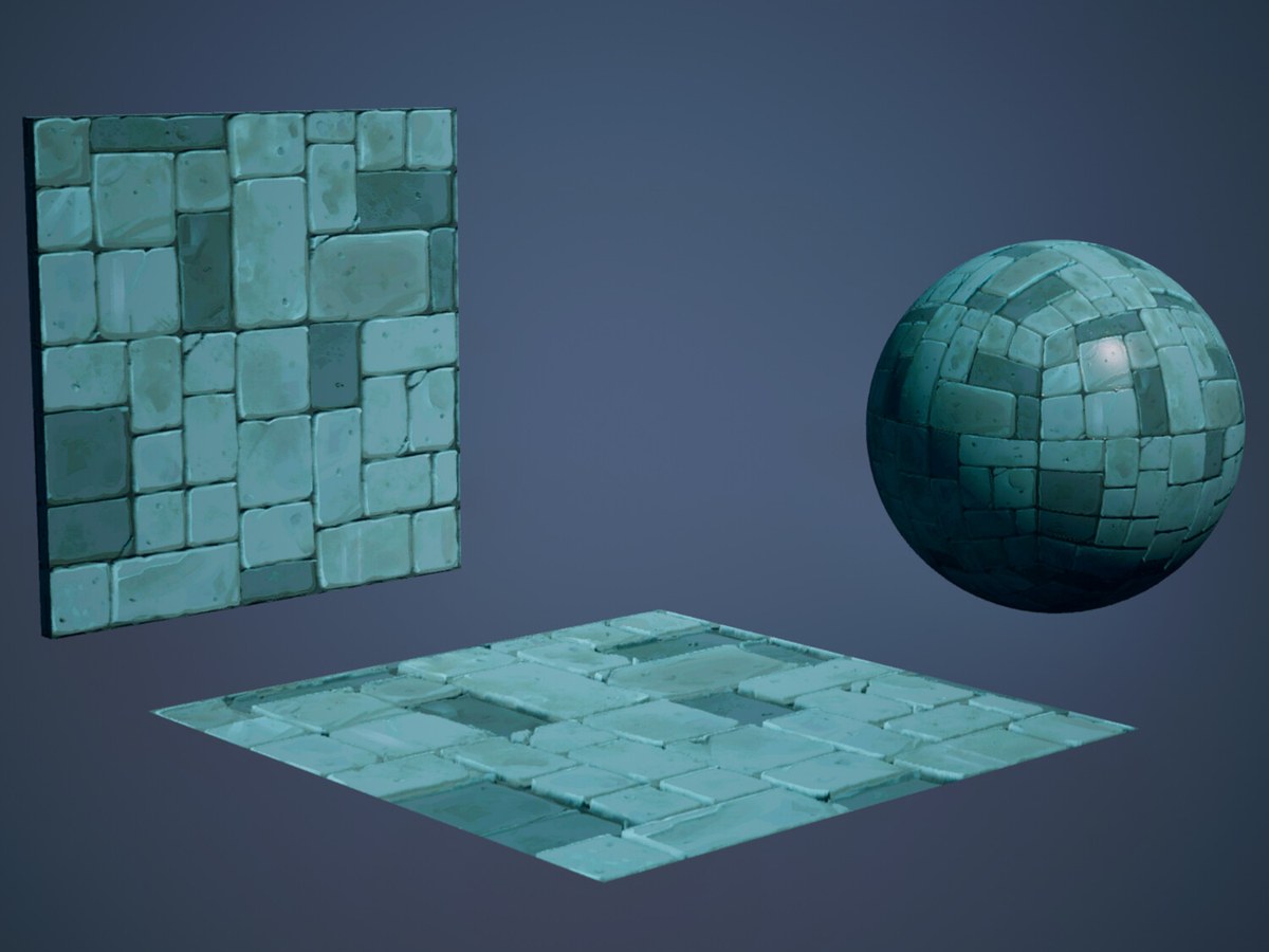 Stylized teal stone tiles shown on a wall, a floor and a sphere