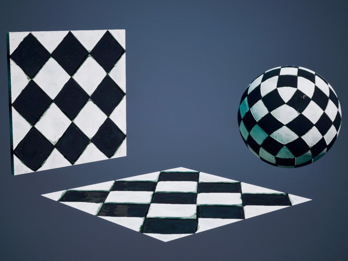 Black and white glazed checker tiles shown on a wall, a floor and a sphere
