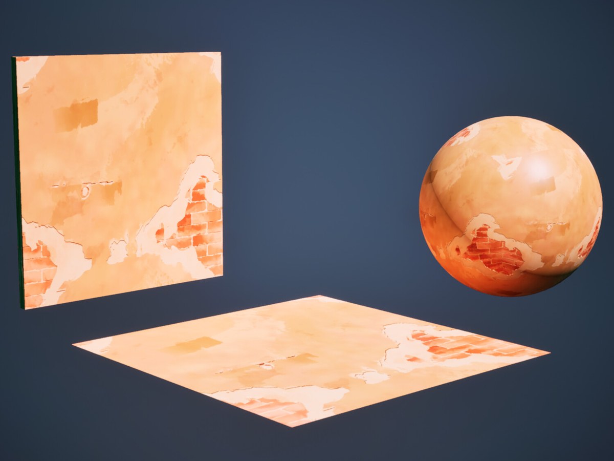 Peach plaster with chipped areas showing red brick, shown on a wall, a floor and a sphere