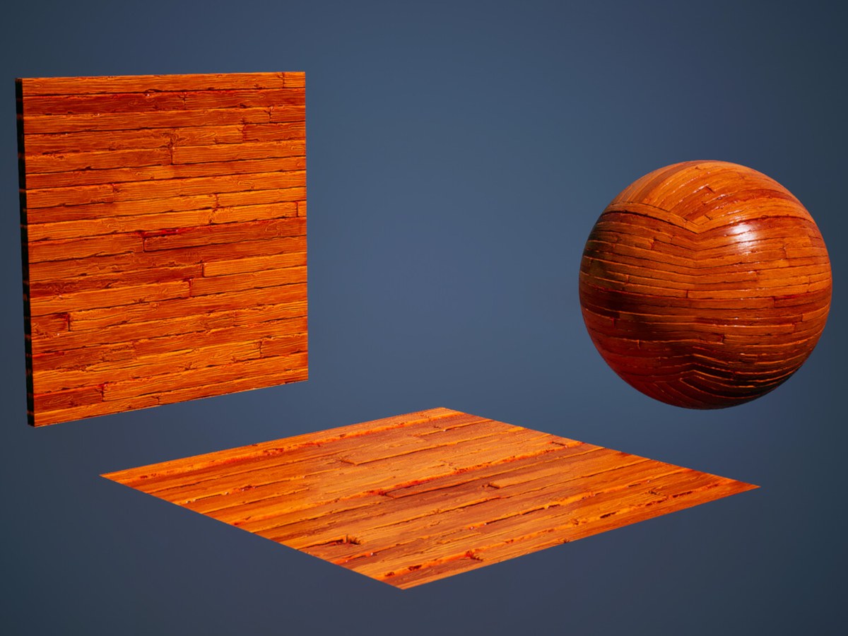 Orange stylized wood planks shown on a wall, a floor and a sphere