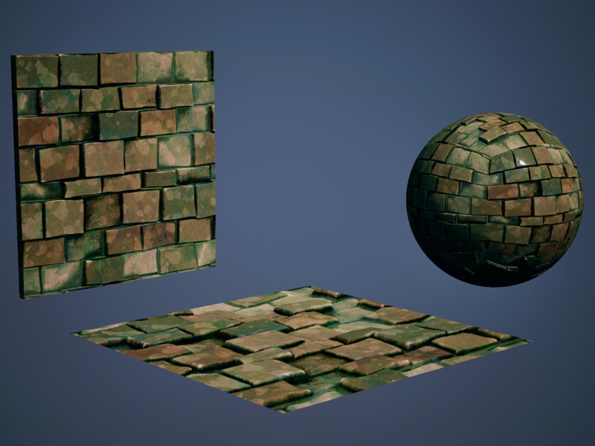 Moss-covered brick shown on a wall, a floor and a sphere