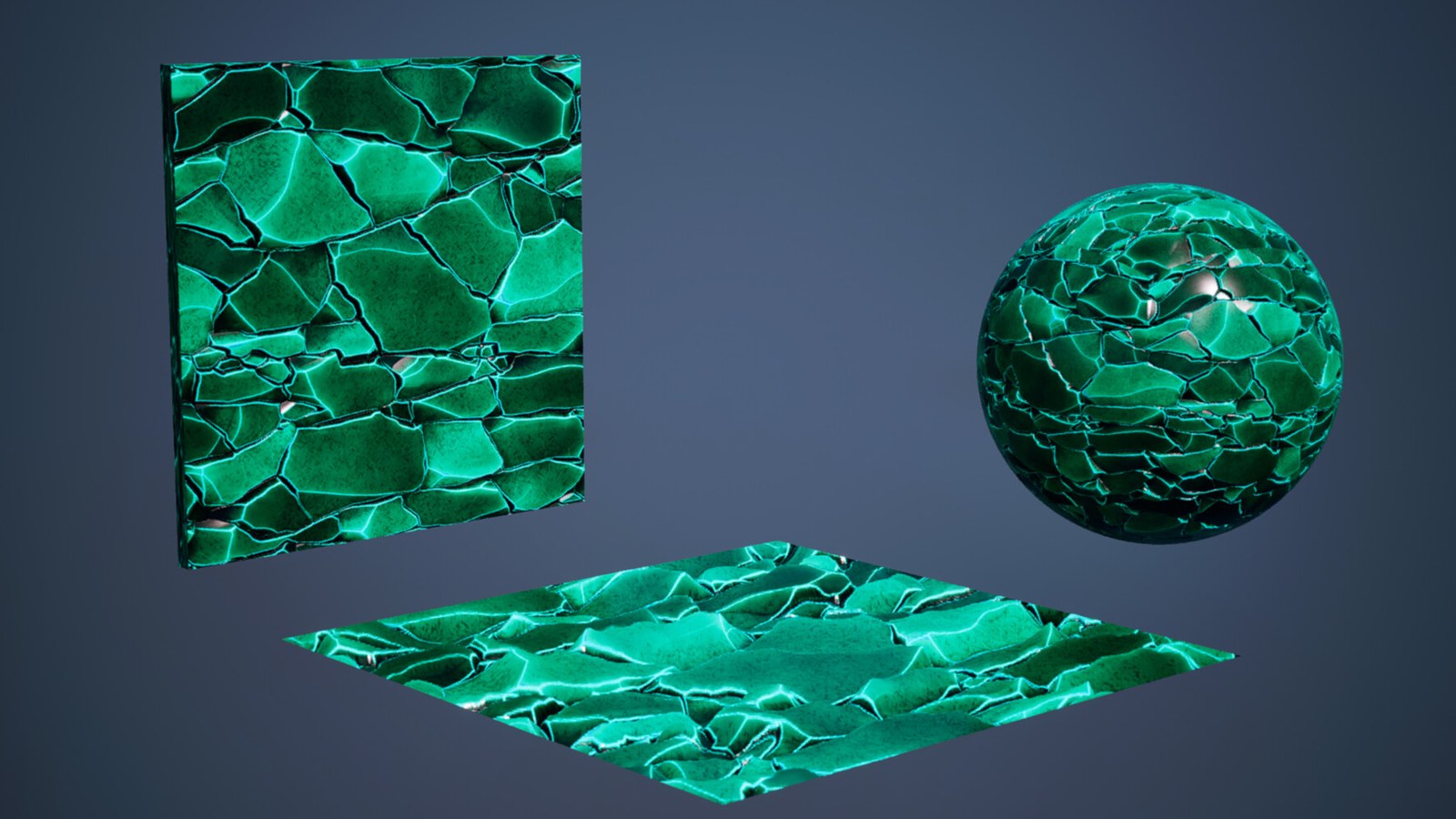 Stylized cracked green stone material with glowing edges, shown on a wall, a floor and a sphere