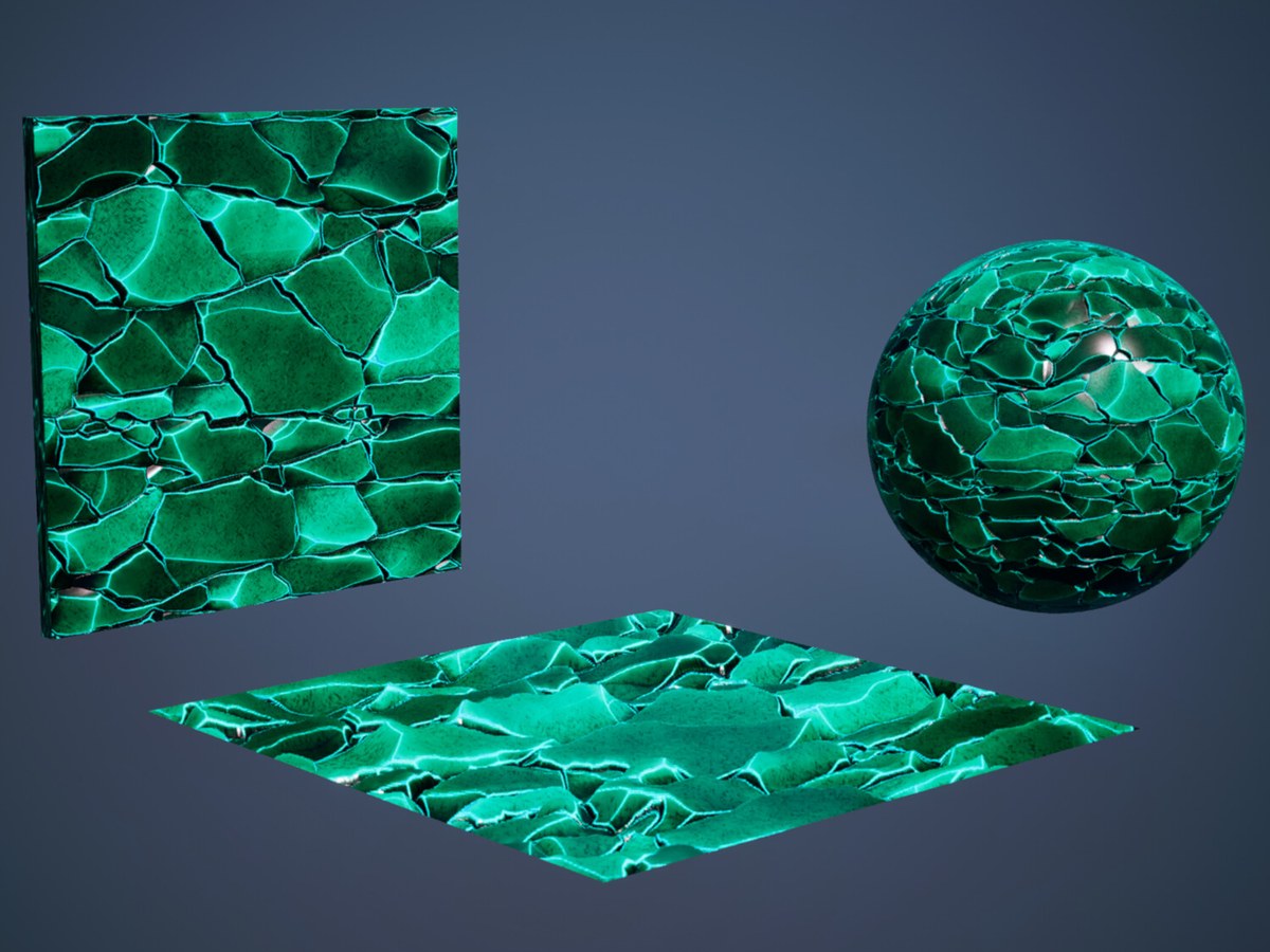 Stylized cracked green stone material with glowing edges, shown on a wall, a floor and a sphere