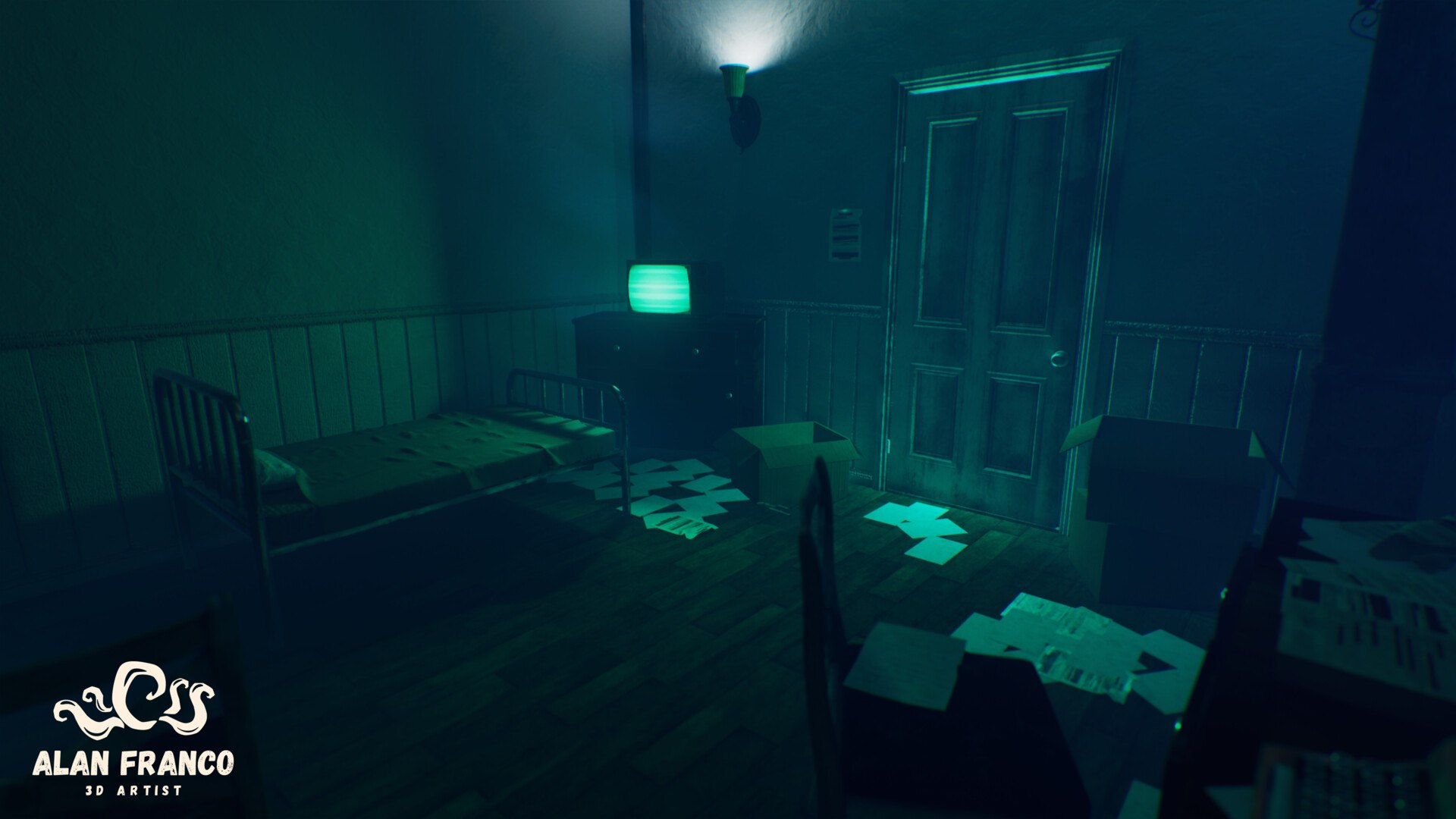 View from the bed toward the door, with an old TV glowing green on a dresser, papers scattered on the wooden floor and cardboard boxes