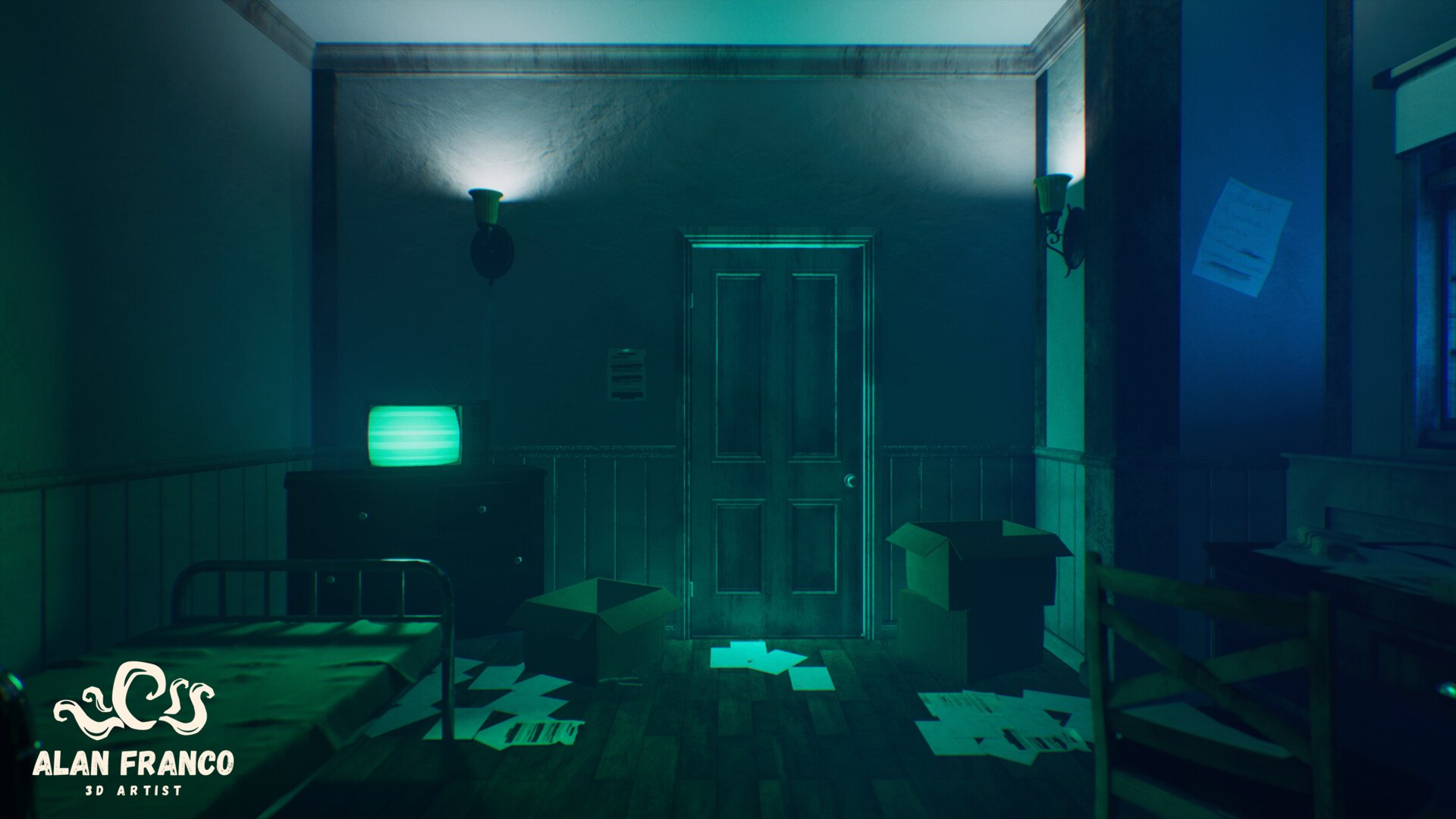 Front view of the door with an old TV glowing green on a dresser, wall sconces on both sides and open boxes on the floor