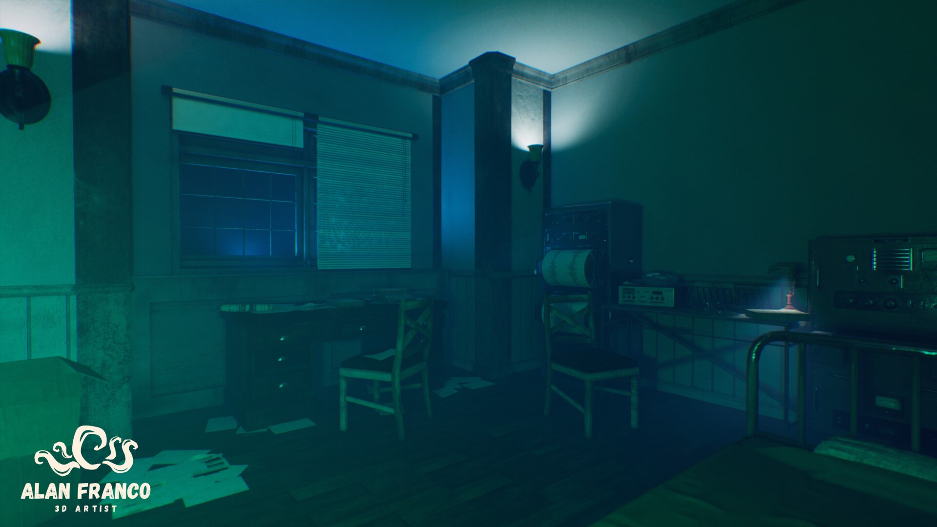 View toward the desk and the window with blinds, radio equipment on the right and papers on the floor