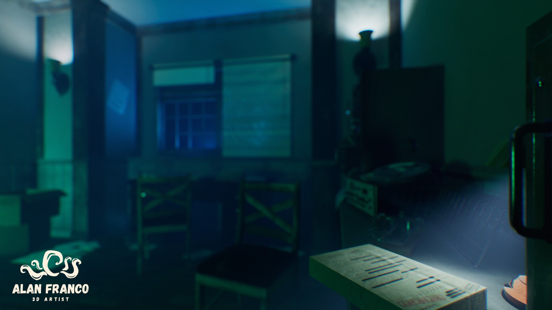 Out-of-focus view across the room with a document with redacted lines in the foreground