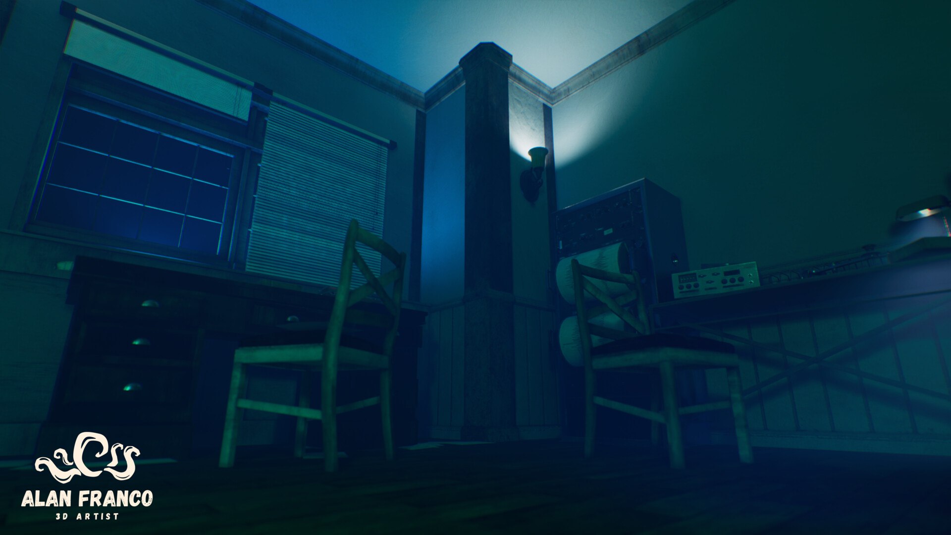 Low-angle view of two wooden chairs, a desk, a column and a wall sconce lighting the corner of the ceiling
