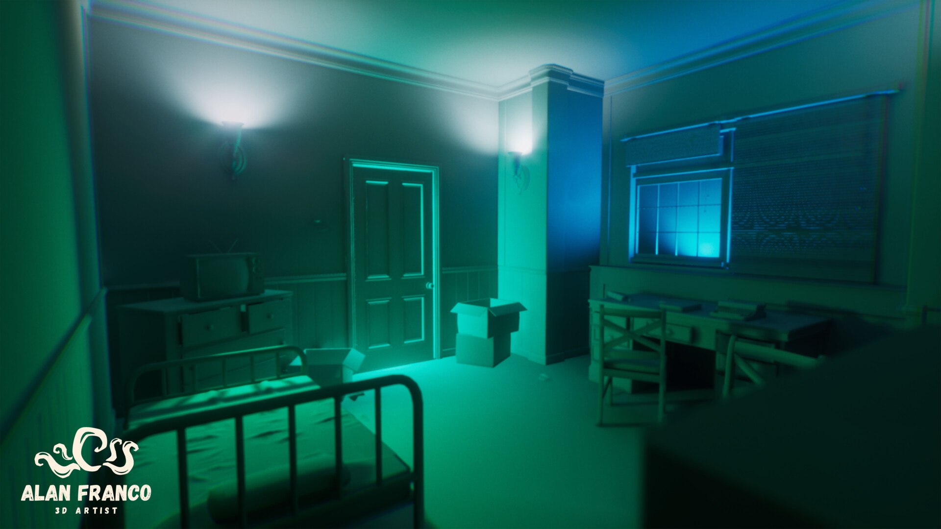 Clay render of the room, without textures, with green and blue lighting