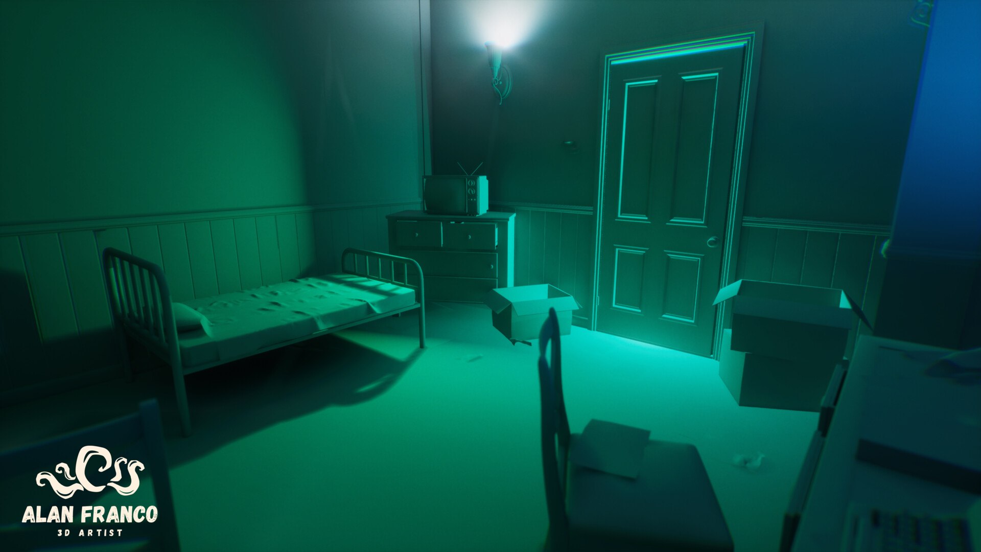 Clay render of the bed, the dresser with the TV and the door, with green and blue lighting