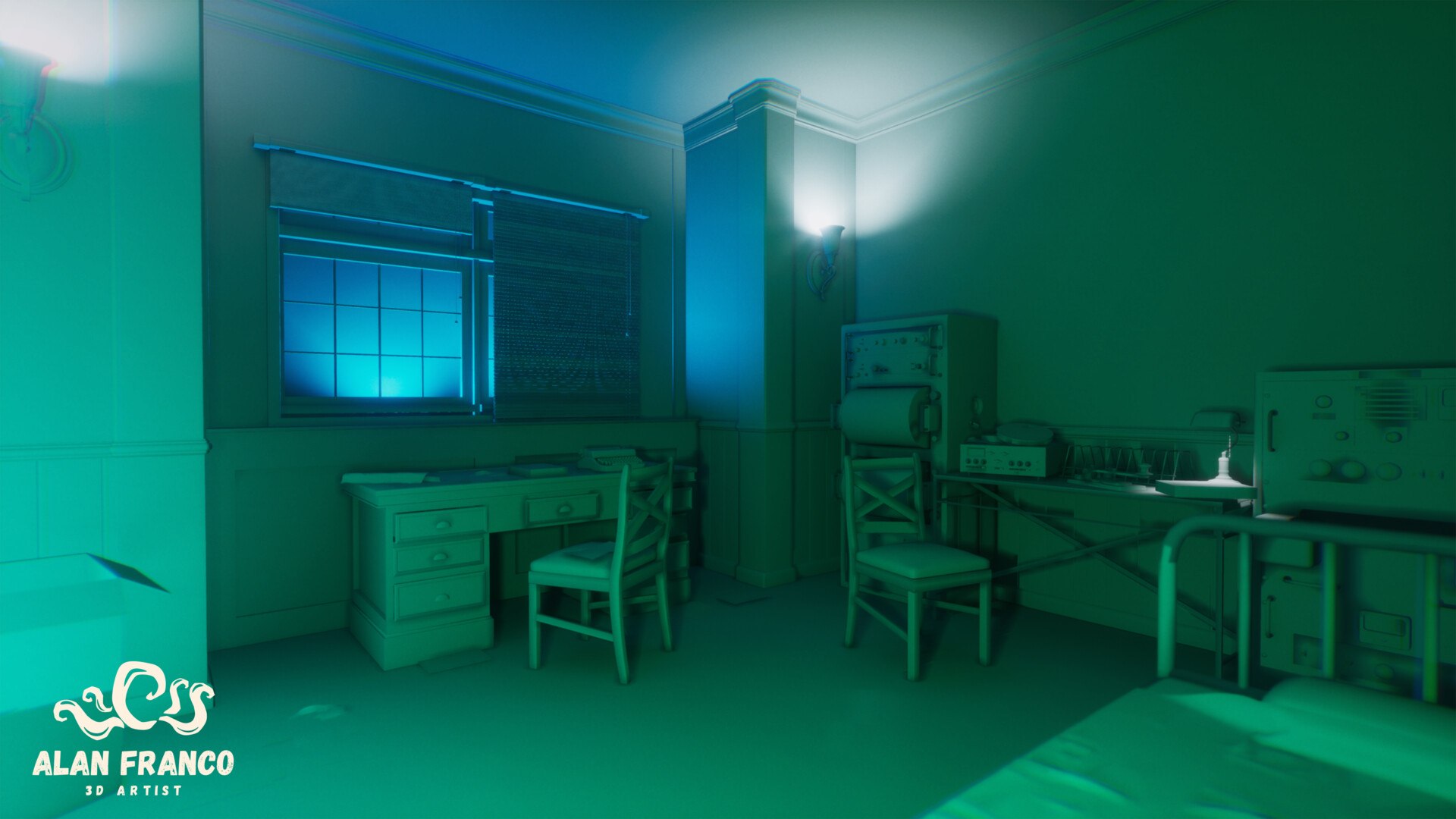 Clay render of the desk, the window and the radio equipment, with green and blue lighting