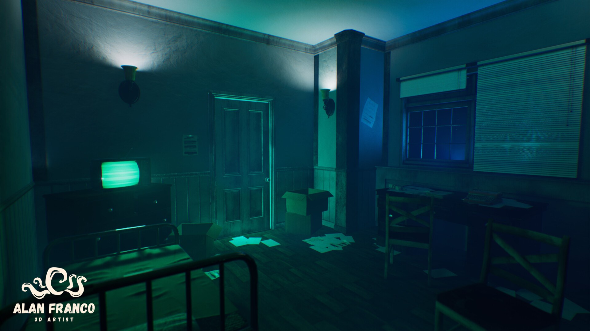 Dim room with a metal bed, a dresser with an old TV glowing green, a paneled door, a desk and a window with blinds, lit by wall sconces and a cold blue light
