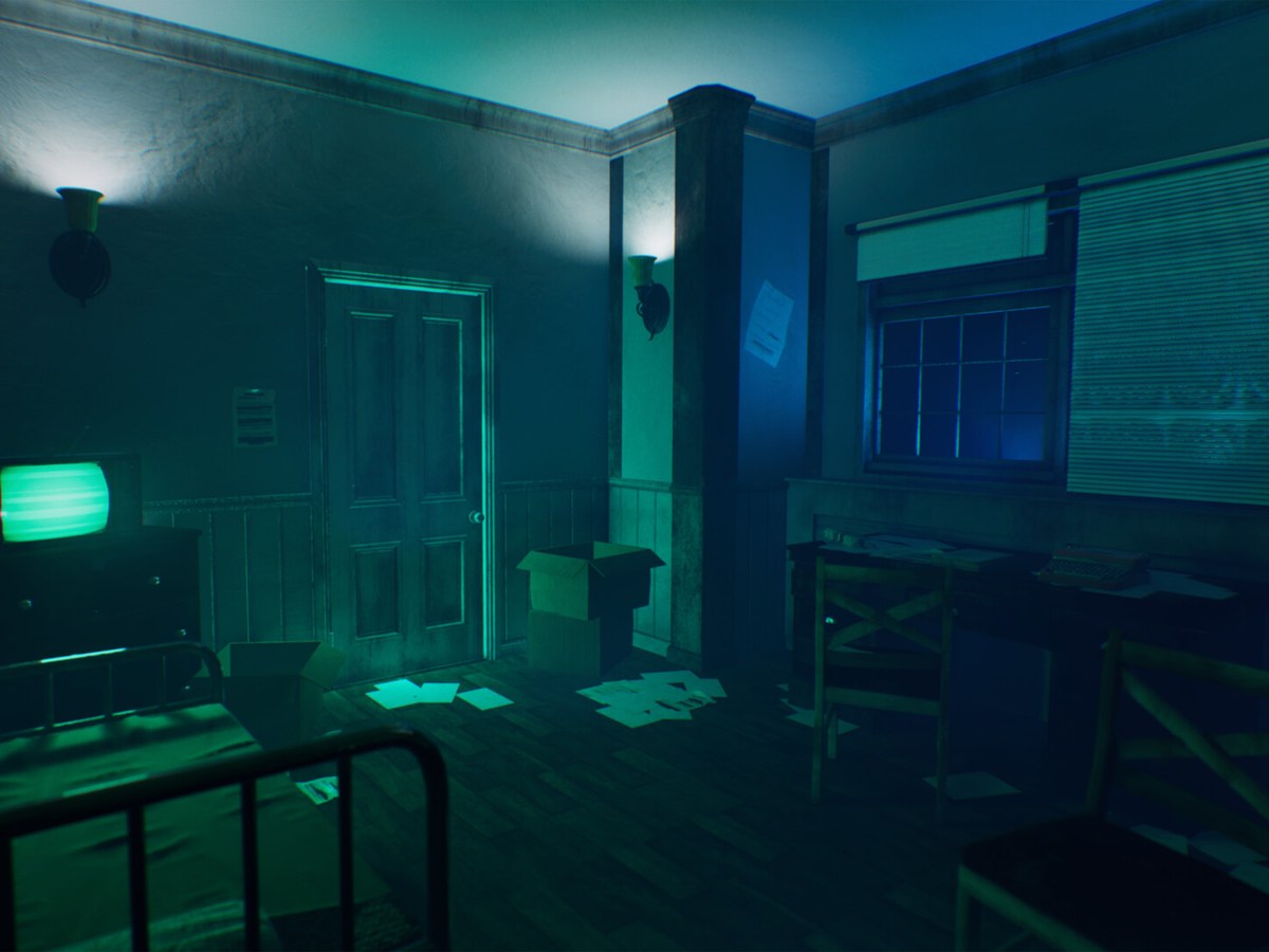 Dim room with a metal bed, a dresser with an old TV glowing green, a paneled door, a desk and a window with blinds, lit by wall sconces and a cold blue light