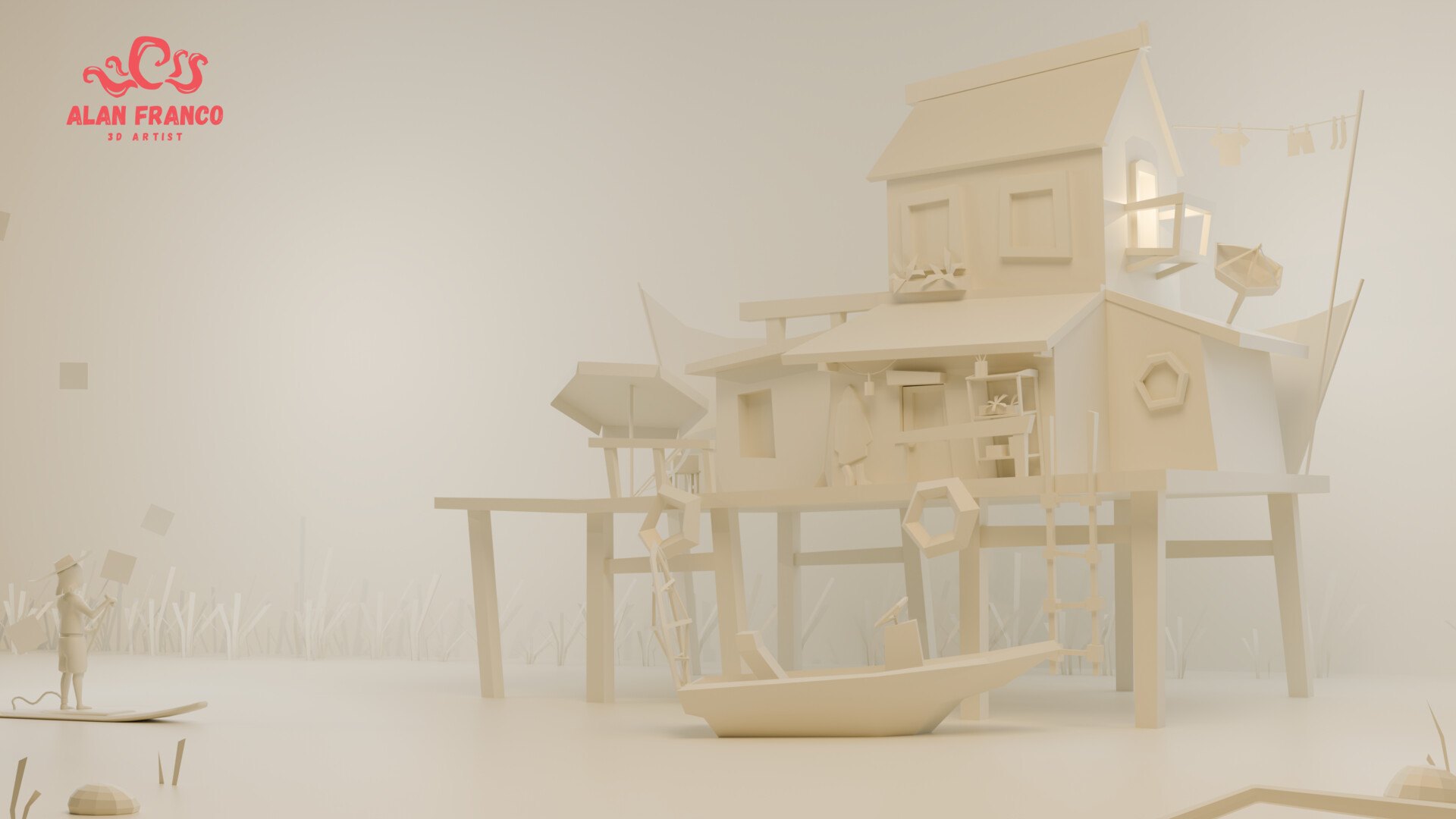 Clay render of the swamp house scene, without textures