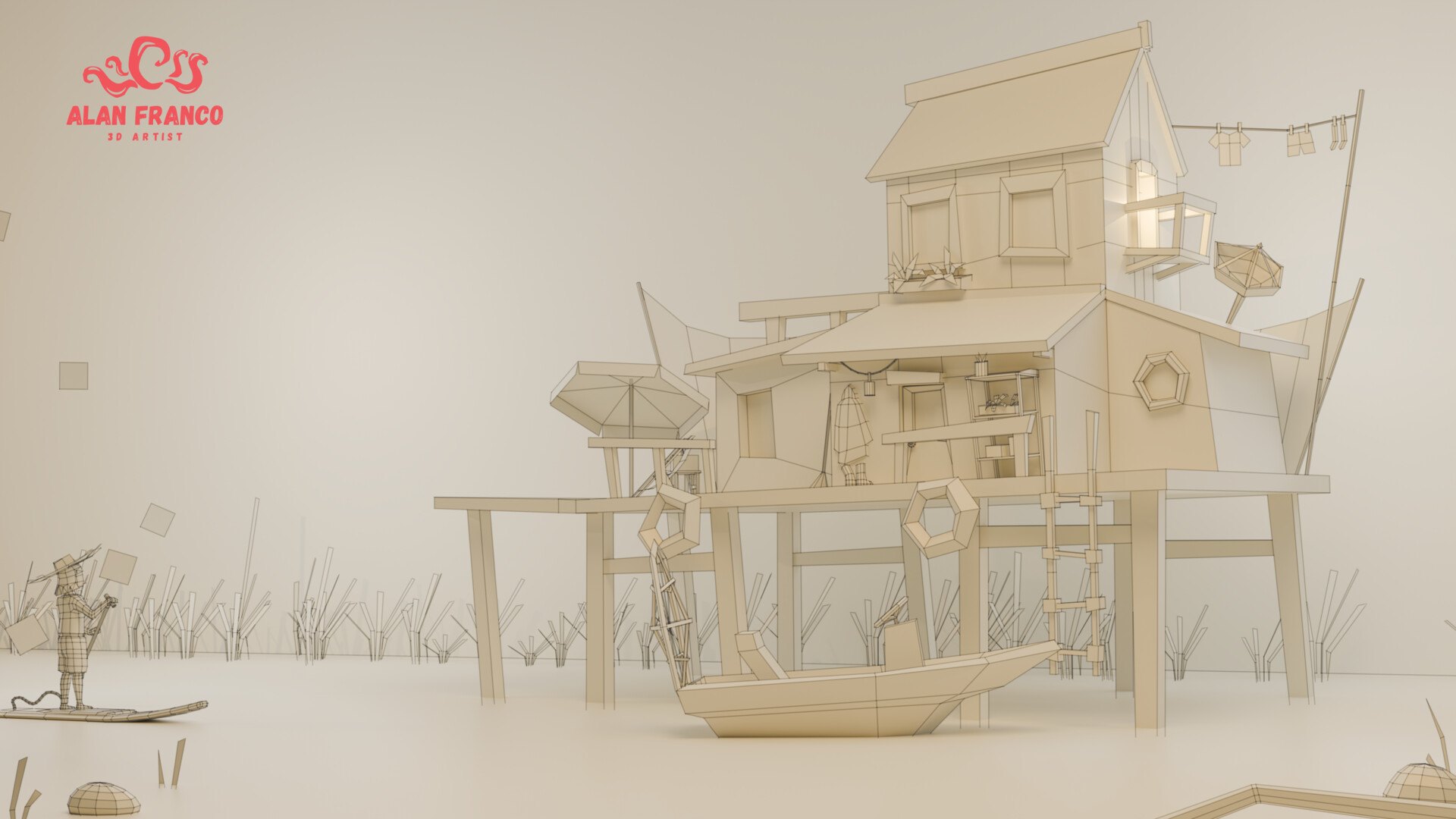 Wireframe view of the swamp house scene showing the mesh