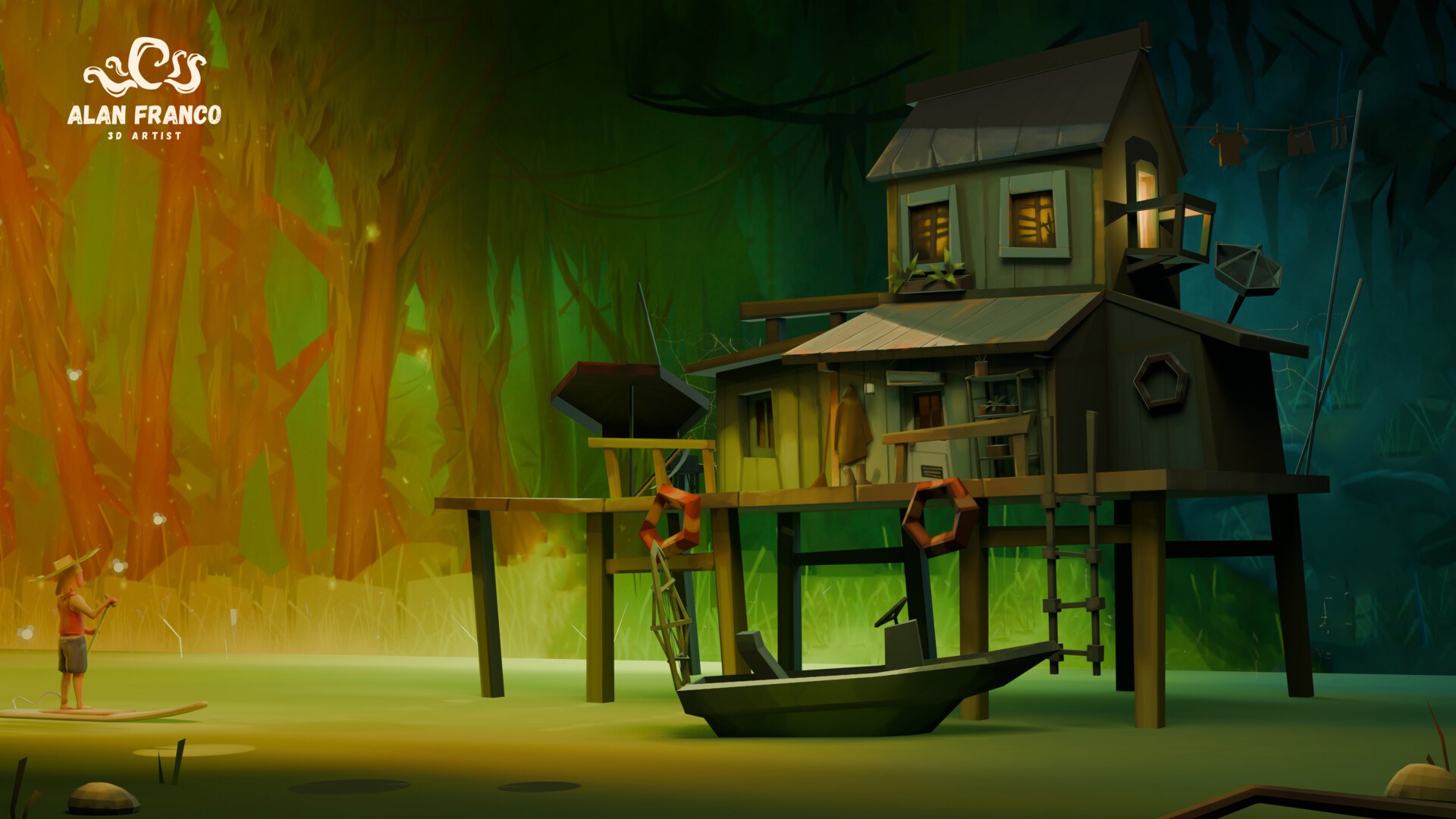 Stylized swamp house on stilts with a boat, lit by warm windows and glowing green and orange light, with a person paddling on the left