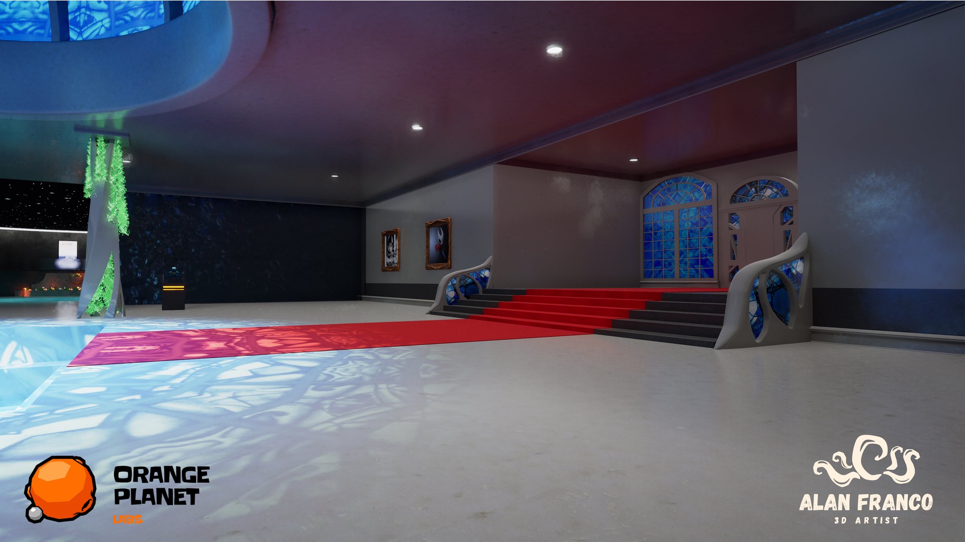 Museum entrance with stairs, a red carpet and stained-glass windows