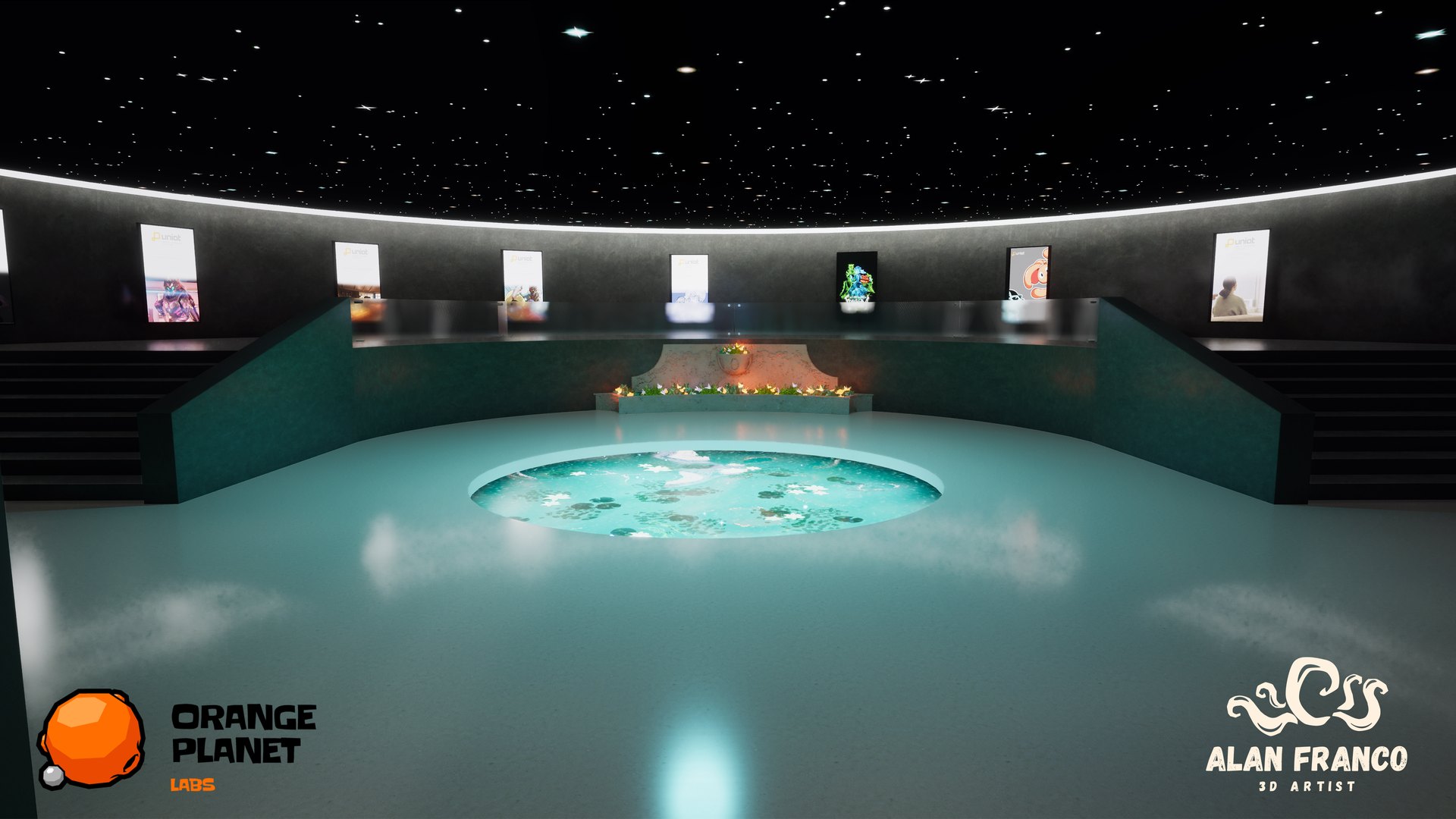 Circular hall with a starry ceiling, posters on the walls and a central pond with lilies