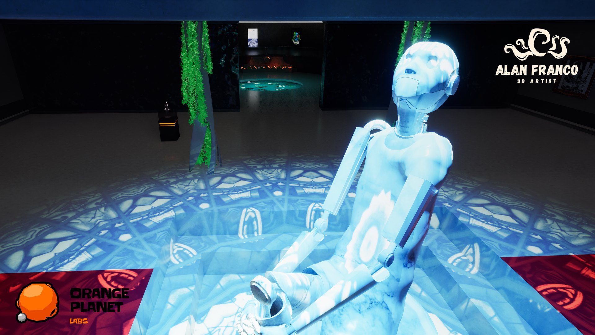 Close-up of the glowing statue of a seated figure with light patterns from the stained-glass skylight on the floor