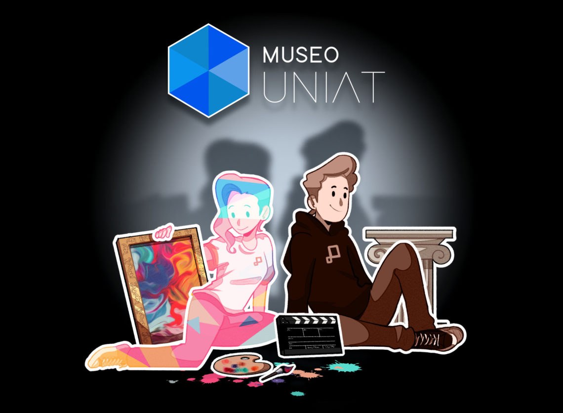 Key art of the Museo UNIAT with two illustrated characters, a painting, a clapperboard and a column