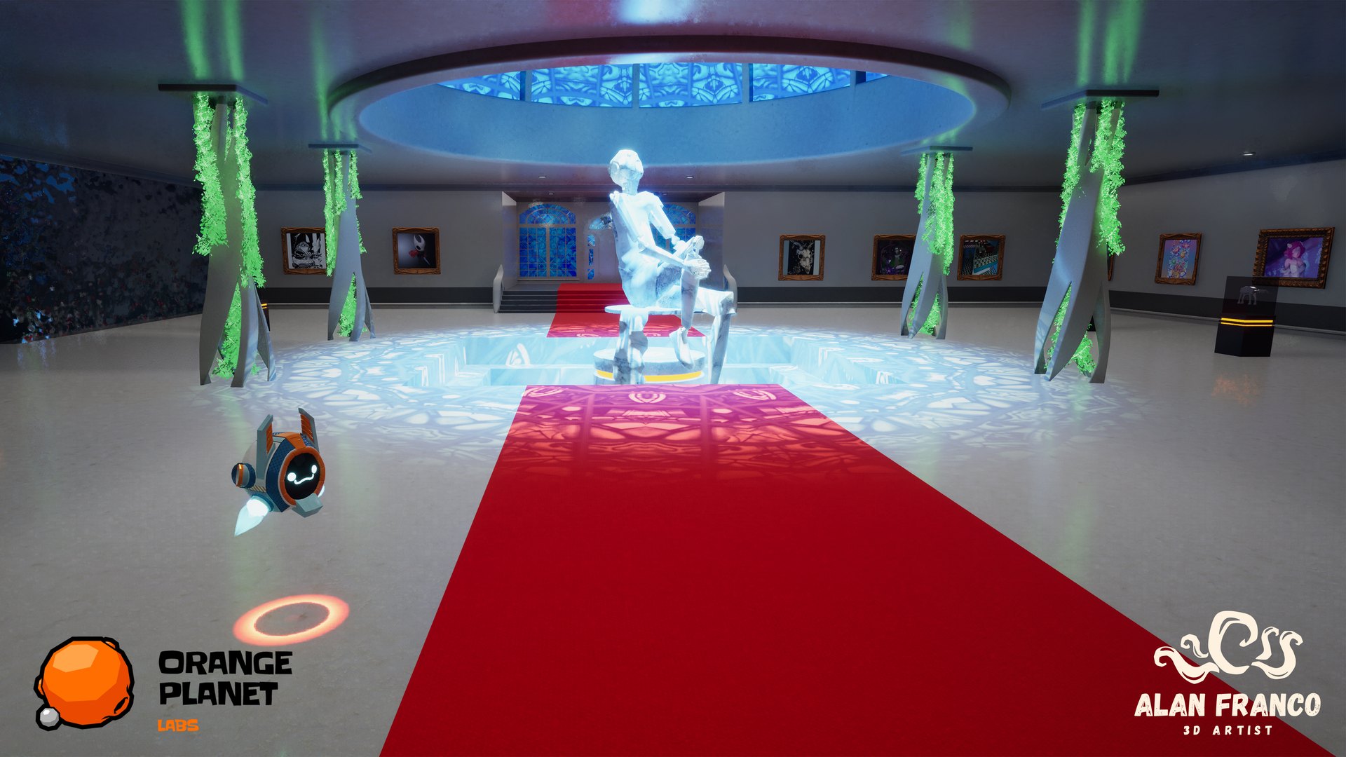 Main hall of the virtual museum with a glowing statue under a stained-glass skylight, a red carpet, green columns and framed artworks, and a small floating robot