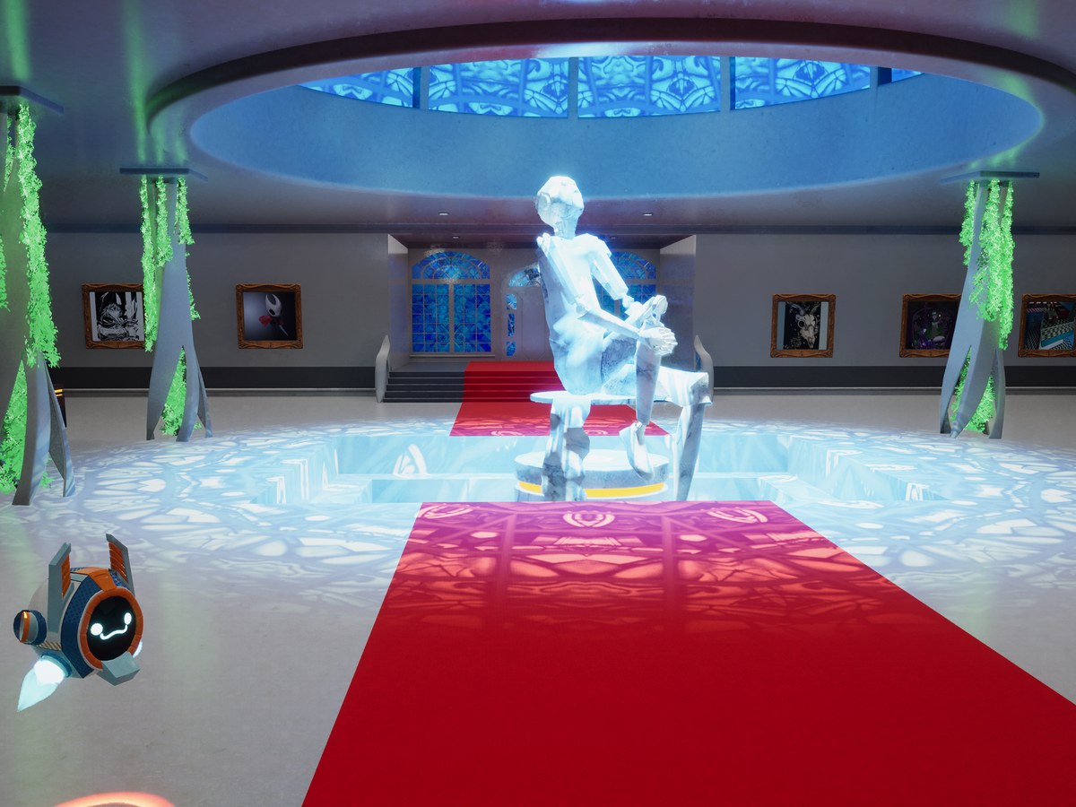 Main hall of the virtual museum with a glowing statue under a stained-glass skylight, a red carpet, green columns and framed artworks, and a small floating robot