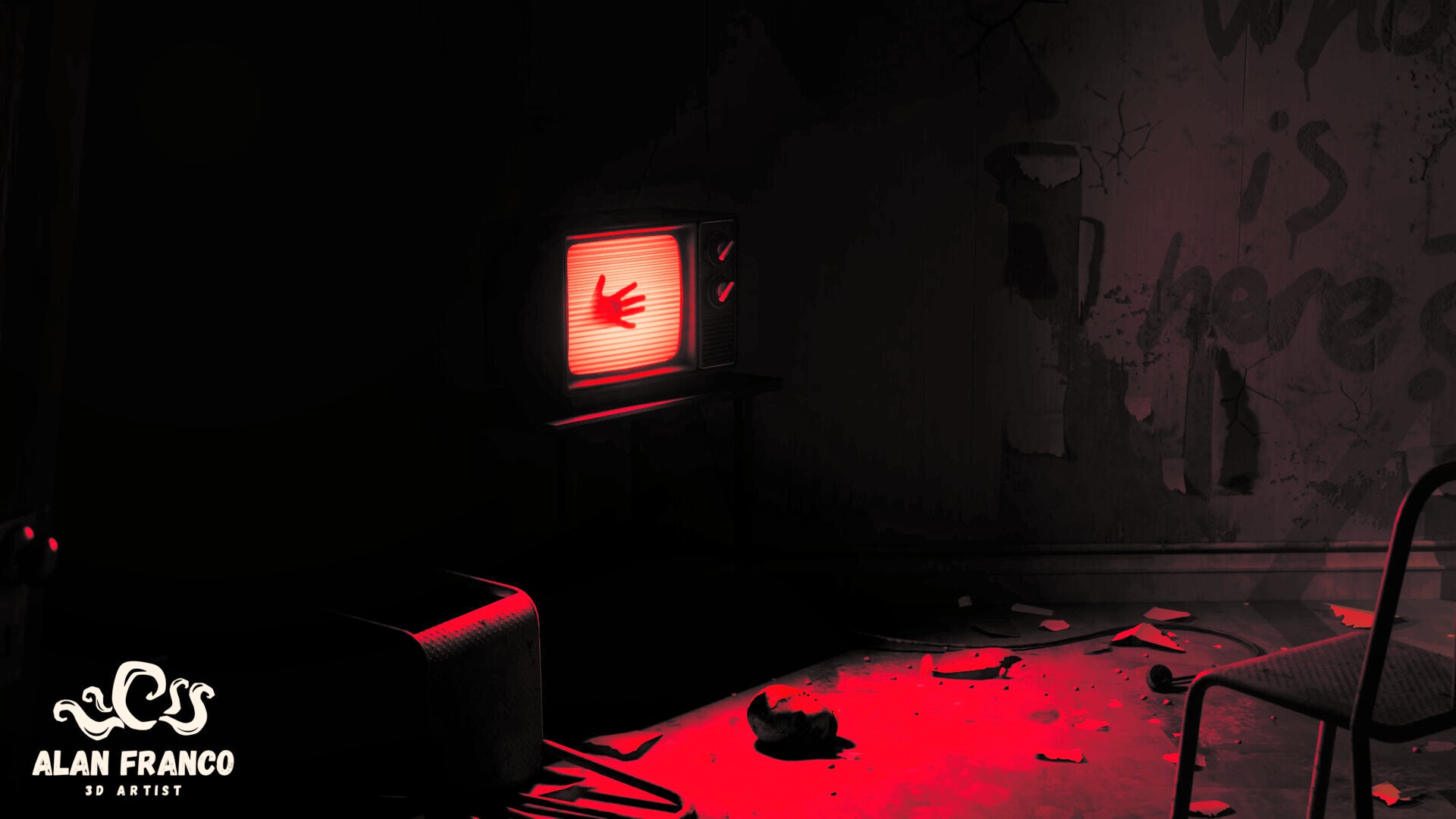 Close-up of an old TV glowing red with a hand silhouette on its screen, in a dark room with peeling wallpaper, debris on the floor and a metal chair