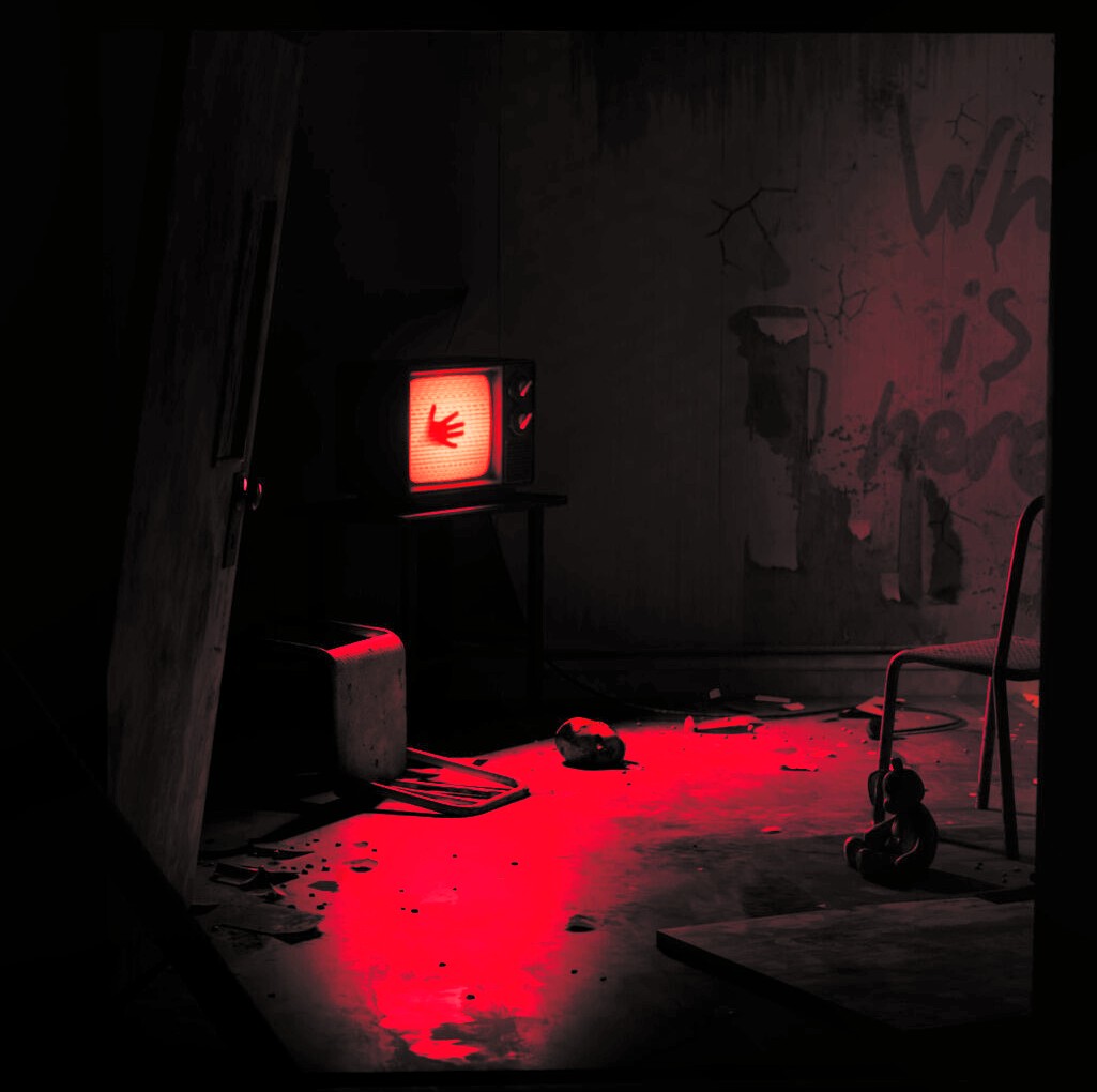 View through a doorway into a dark room where a red glow spills over a floor covered in debris, with a TV on a stand and a chair