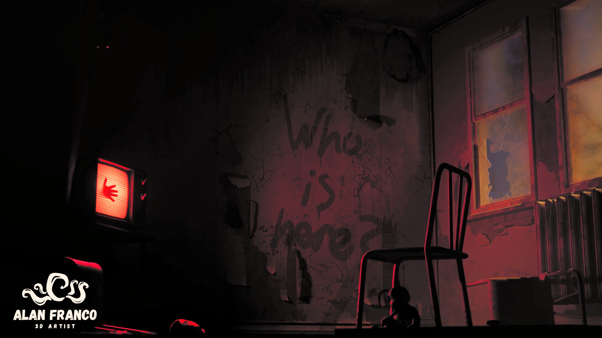 Dark abandoned room with the words "Who is here?" written on a peeling wall, an old TV glowing red with a handprint on its screen, a metal chair, a broken window and a radiator