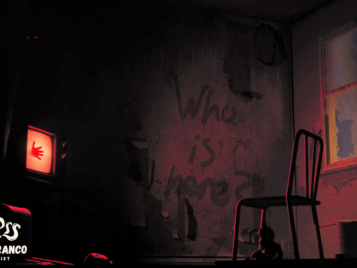 Dark abandoned room with the words "Who is here?" written on a peeling wall, an old TV glowing red with a handprint on its screen, a metal chair, a broken window and a radiator